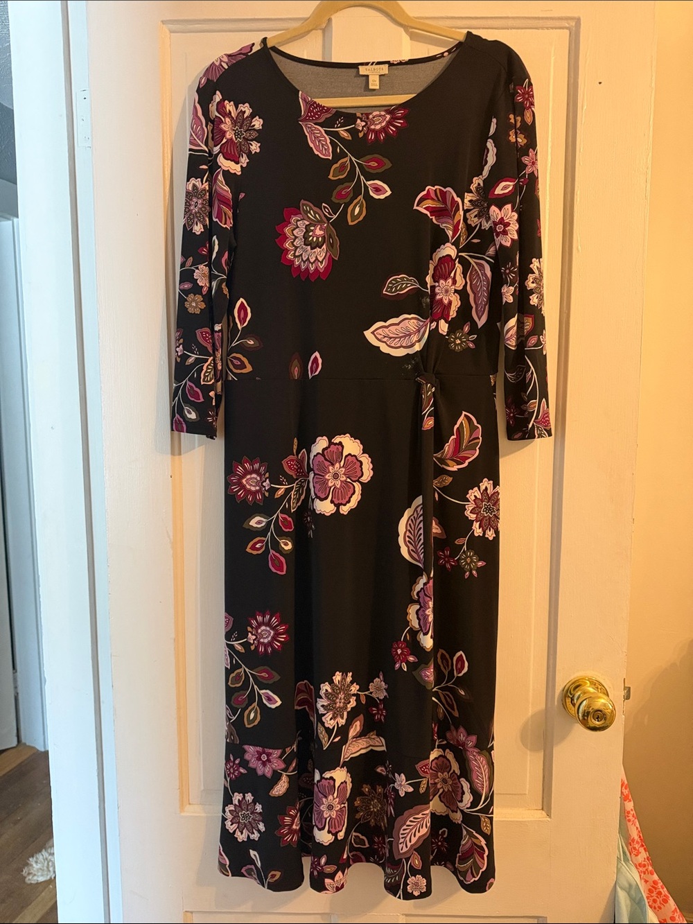 Talbots 12P Black Floral Midi Dress with Pink & Purple Prints